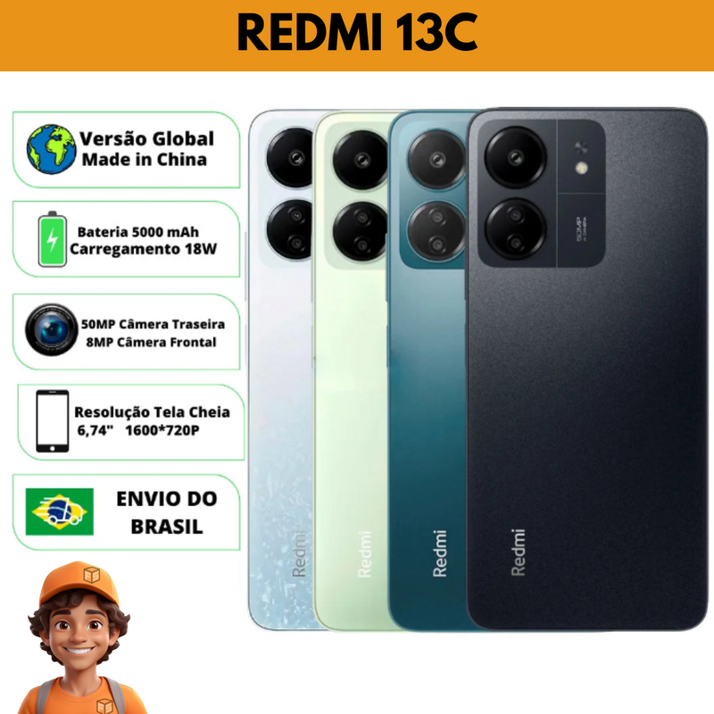 Xiaomi Redmi 13C Versão Global | Smartphone 4G, ROM Global, Câmera 50MP