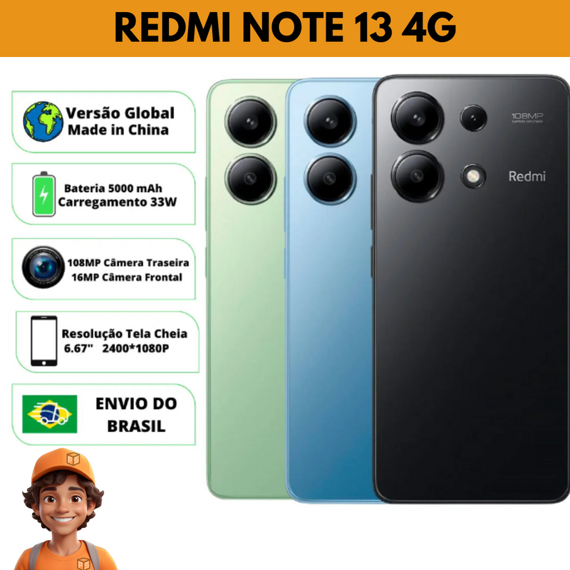 Xiaomi Redmi Note 13 Versão Global | Smartphone 4G, ROM Global, Câmera 108MP